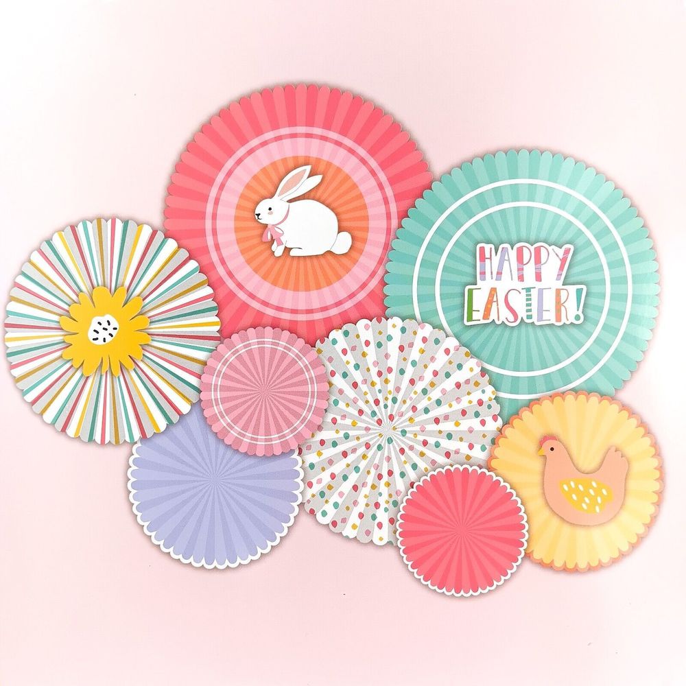 Set of 8 Easter Hanging Paper Fans Party Set Round Party Decoration Decor NEW